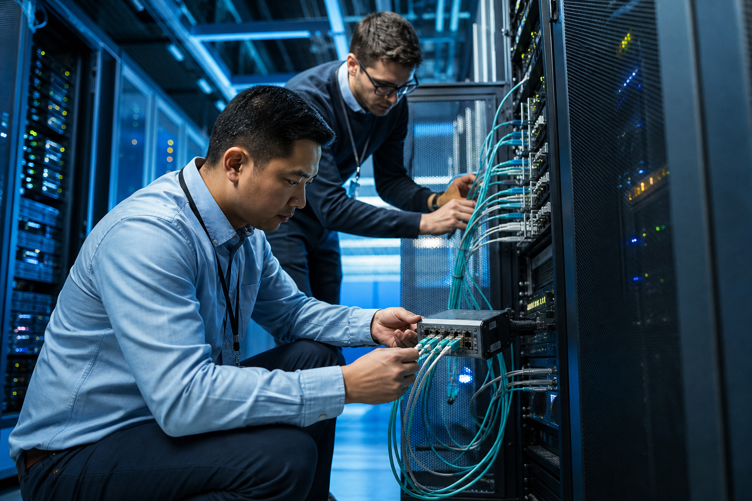 Engineers installing network tap equipment during a rapid deployment