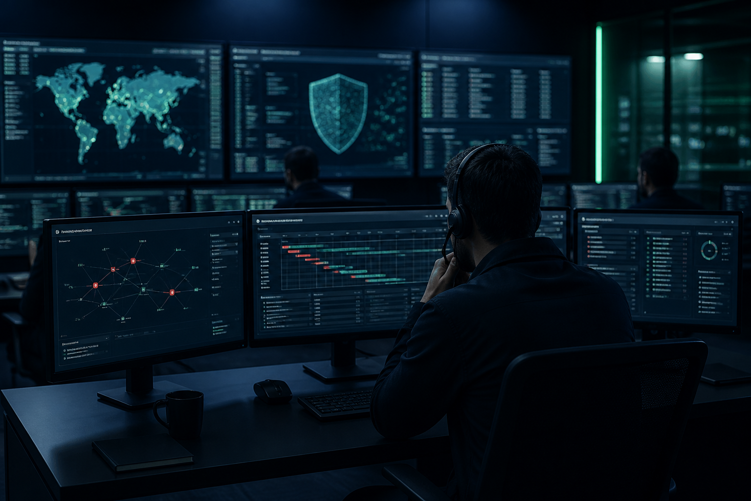 Security operations center with incident response dashboards