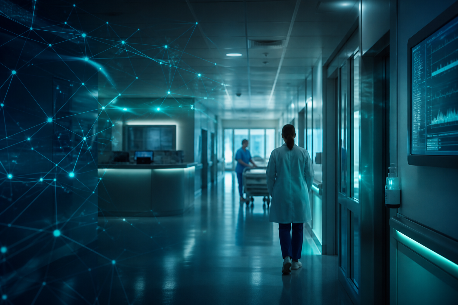 Modern hospital corridor with healthcare network security overlay