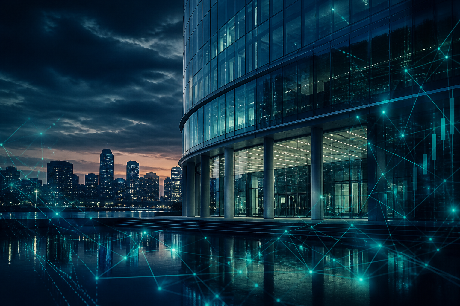 Modern bank building with digital security network overlay