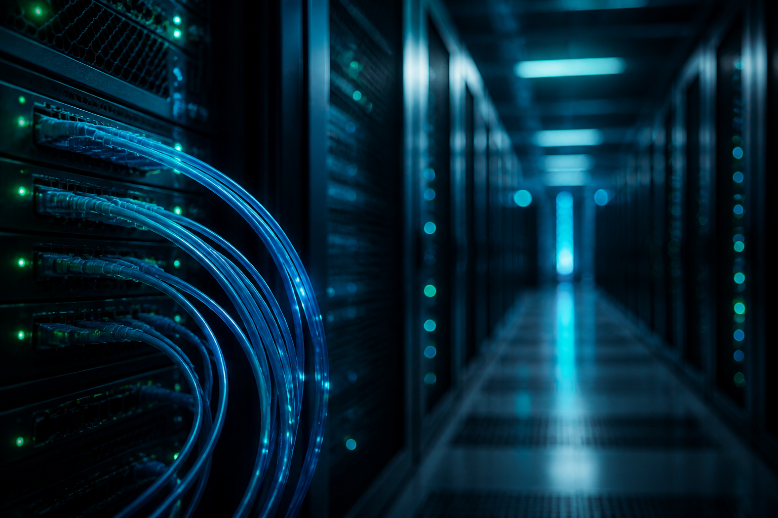 Telecom network infrastructure with fiber optic and server rack lighting